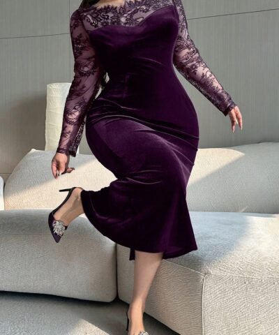 Classic Shop robe de soirée moulante en velours et dentelle contrastée