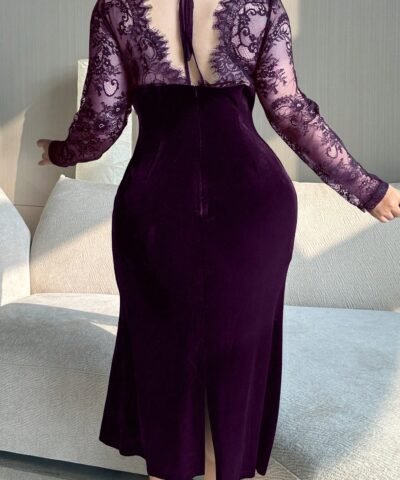 robe de soirée moulante en velours et dentelle contrastée