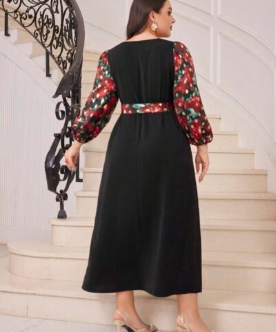 robe de soirée longue à manches lanternes avec imprimé