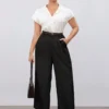 pantalon large et droit de couleur unie pour femmes de grande taille, plissé et ample