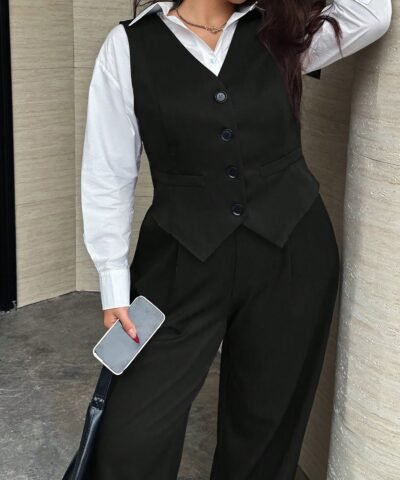 ensemb décontractée pour femmes grande taille composée d'un gilet et d'un pantalon, simple et pour un port quotidien