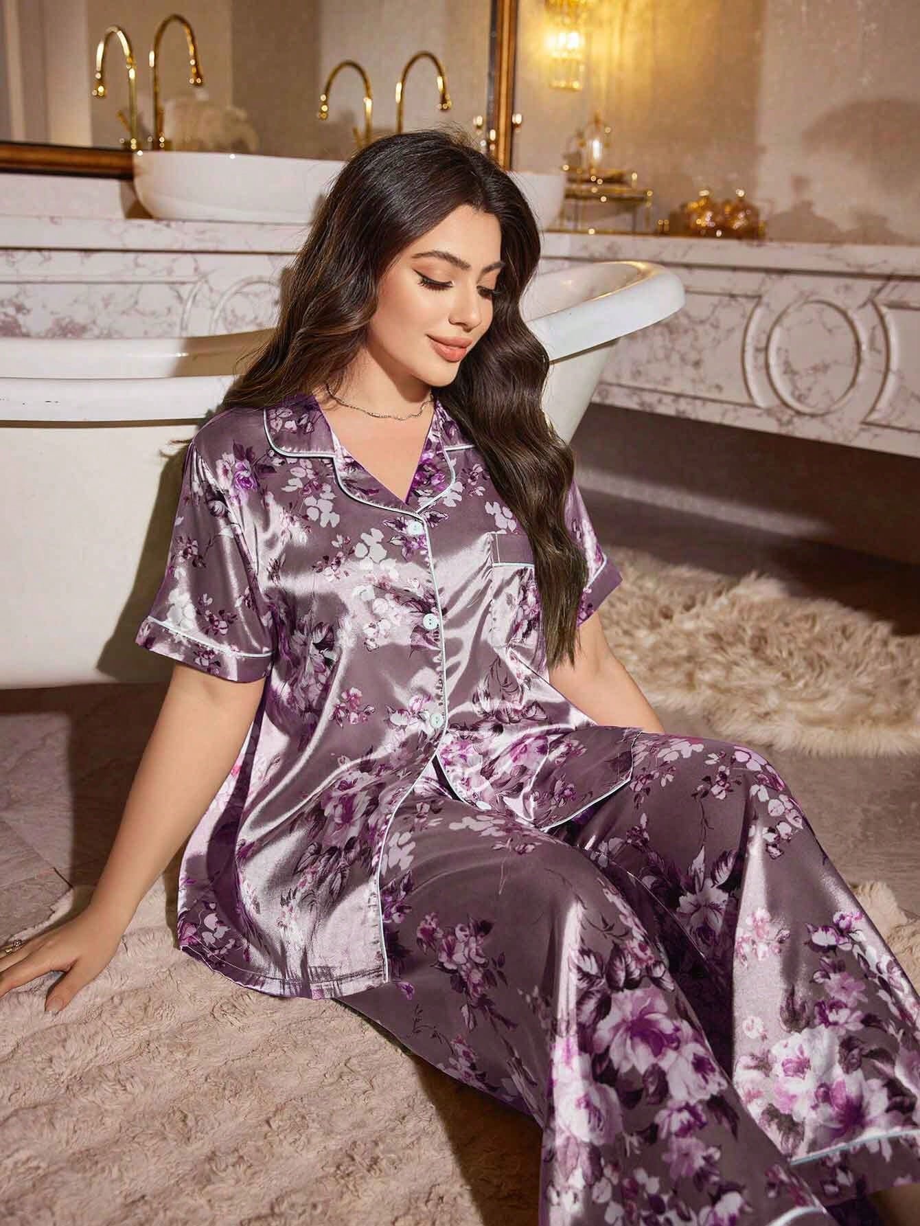 ensemble pyjama avec top à manches courtes et pantalon en faux soie à imprimé floral, ensemble pyjama avec top à manches courtes et pantalon en faux soie à imprimé floral,