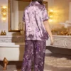 ensemble pyjama avec top à manches courtes et pantalon en faux soie à imprimé floral, ensemble pyjama avec top à manches courtes et pantalon en faux soie à imprimé floral,