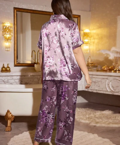 ensemble pyjama avec top à manches courtes et pantalon en faux soie à imprimé floral,