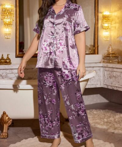 Classic Shop ensemble pyjama avec top à manches courtes et pantalon en faux soie à imprimé floral,