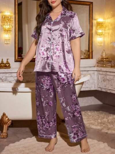 Classic Shop ensemble pyjama avec top à manches courtes et pantalon en faux soie à imprimé floral,