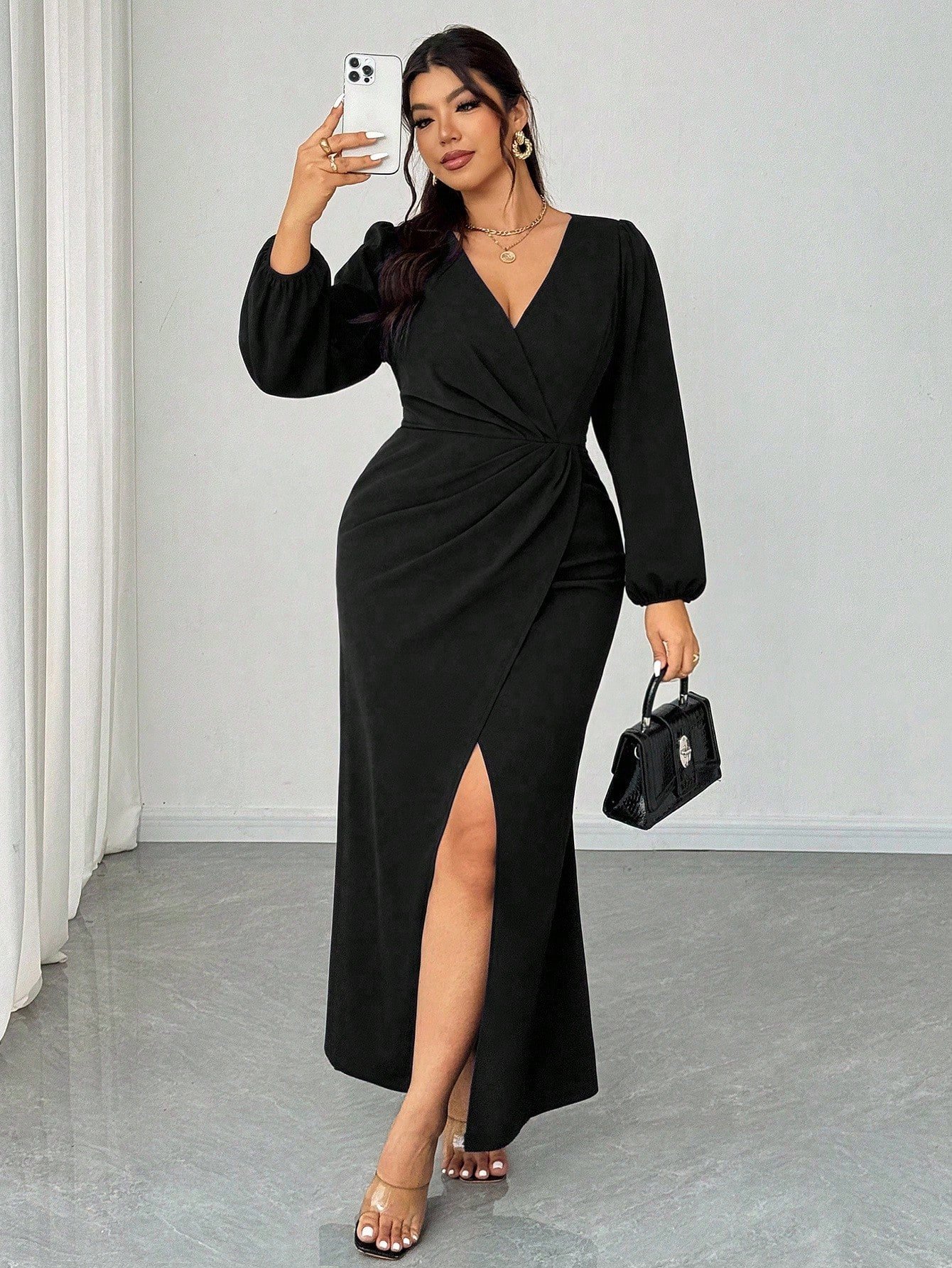 robe longue ajustée à col v, fente robe longue ajustée à col v, fente