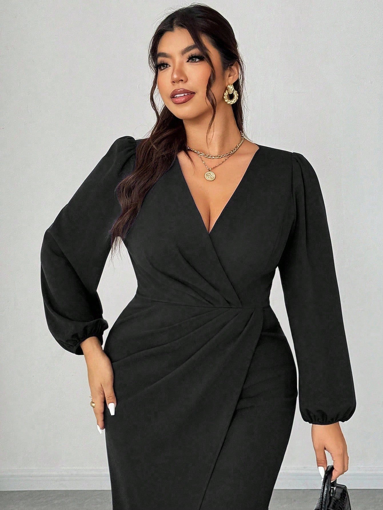 robe longue ajustée à col v, fente robe longue ajustée à col v, fente