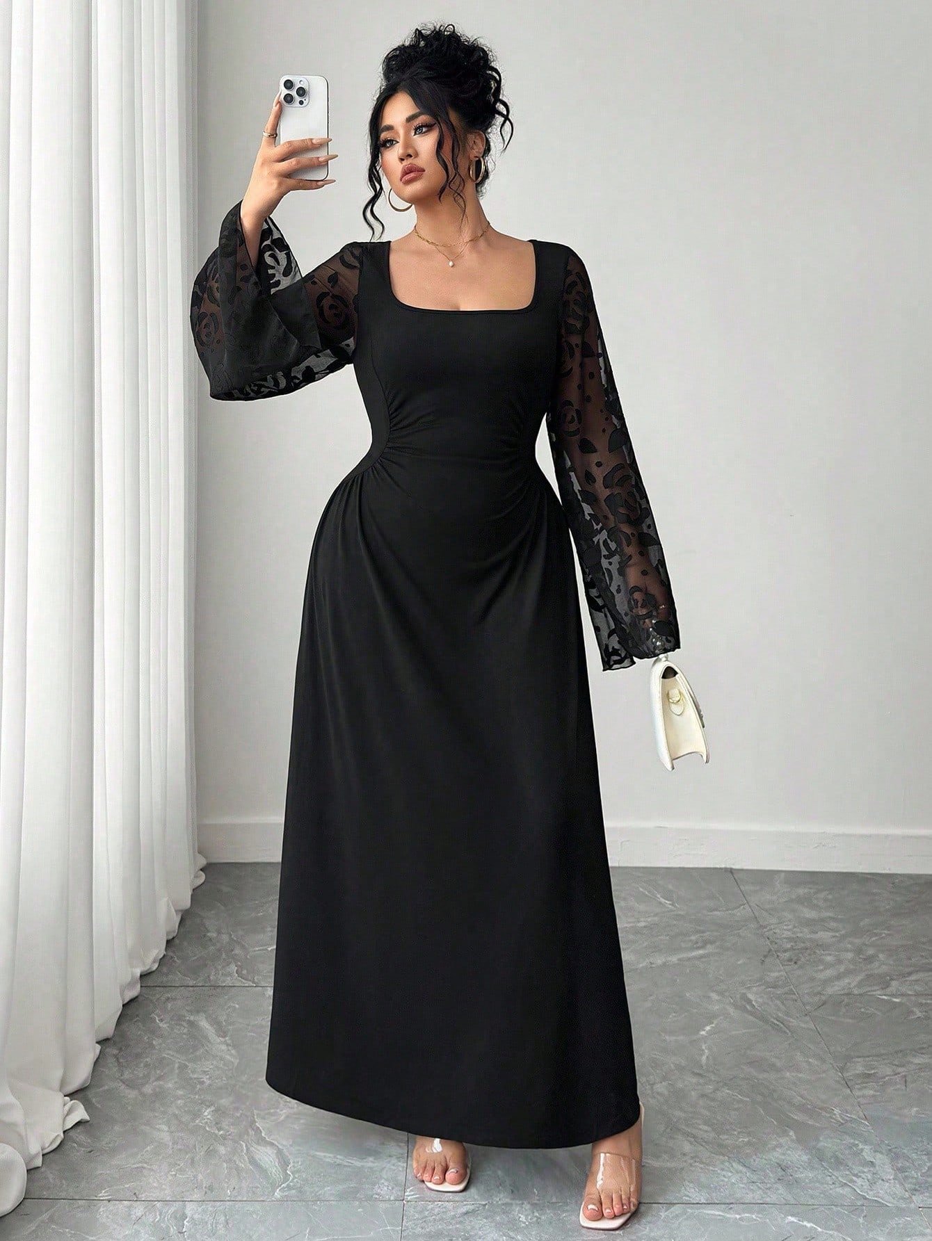 robe longue à manches longues et col carré de style français robe longue à manches longues et col carré de style français