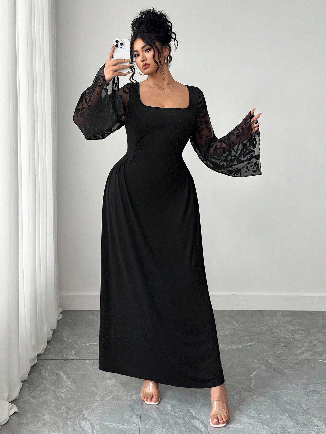 robe longue à manches longues et col carré de style français robe longue à manches longues et col carré de style français