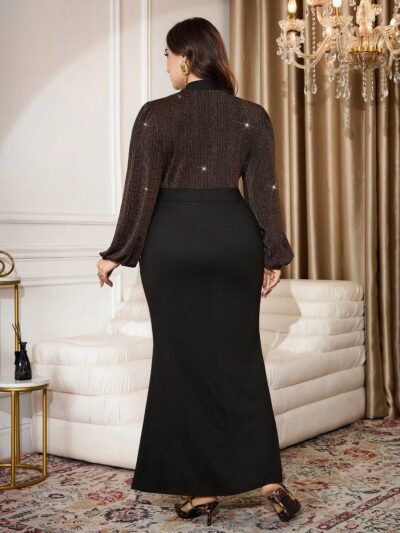 robe élégante avec blocs de couleurs, manches lanternes à col en v profond et ourlet sirène