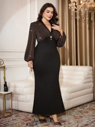 robe élégante avec blocs de couleurs, manches lanternes à col en v profond et ourlet sirène