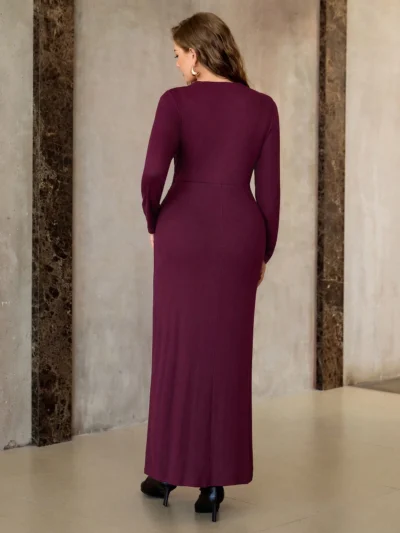 robe maxi élégante à manches longues col rond froncée