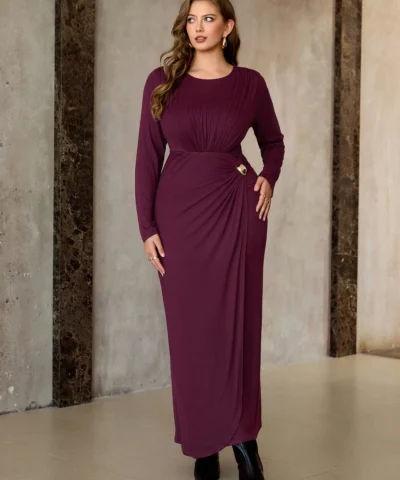 robe maxi élégante à manches longues col rond froncée