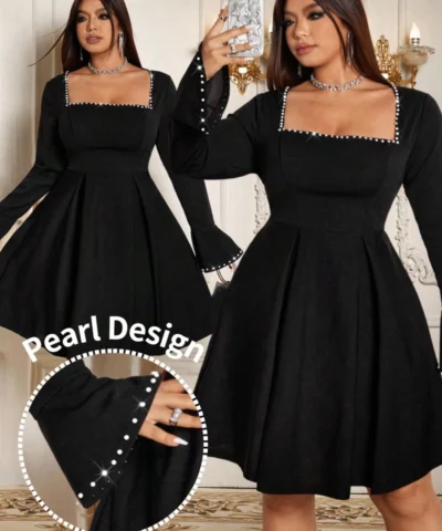 robe avec col rond, taille froncée et perles noires, coupe évasée,