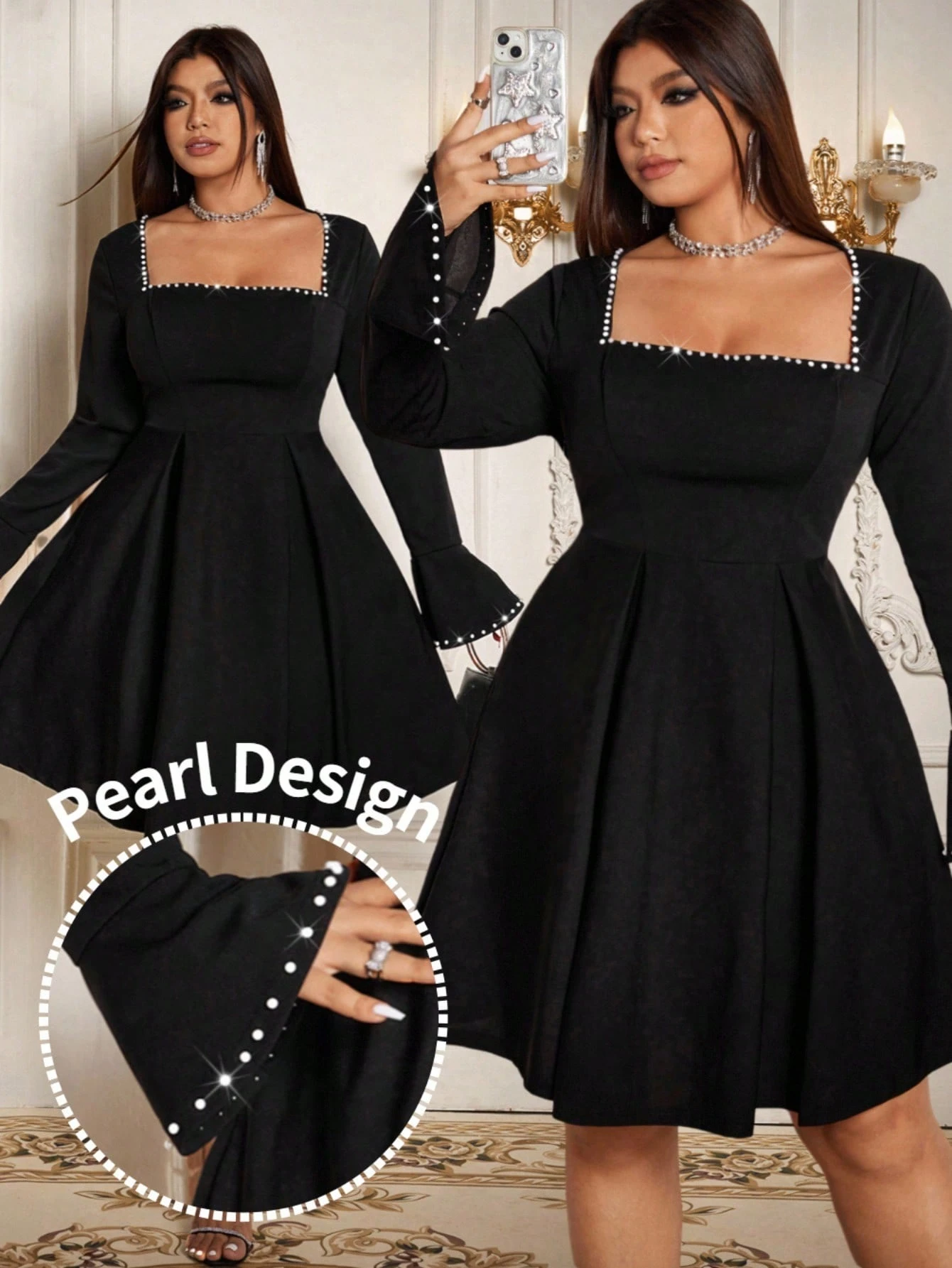 robe avec col rond, taille froncée et perles noires, coupe évasée, robe avec col rond, taille froncée et perles noires, coupe évasée,