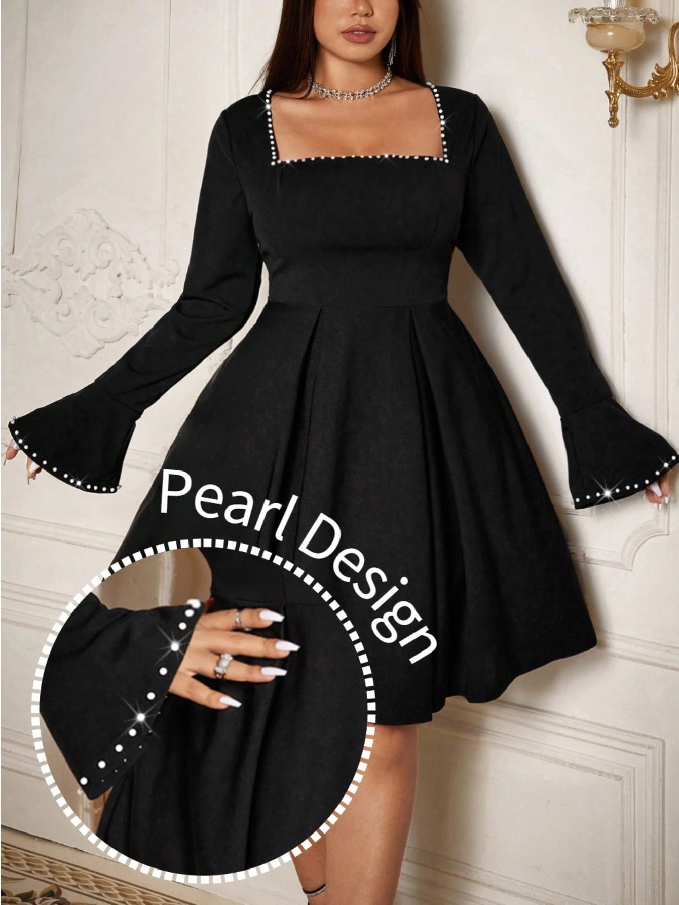 robe avec col rond, taille froncée et perles noires, coupe évasée, robe avec col rond, taille froncée et perles noires, coupe évasée,