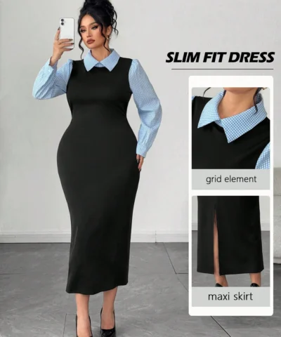 robe moulante élégante et à manches bouffantes avec motif à carreaux,