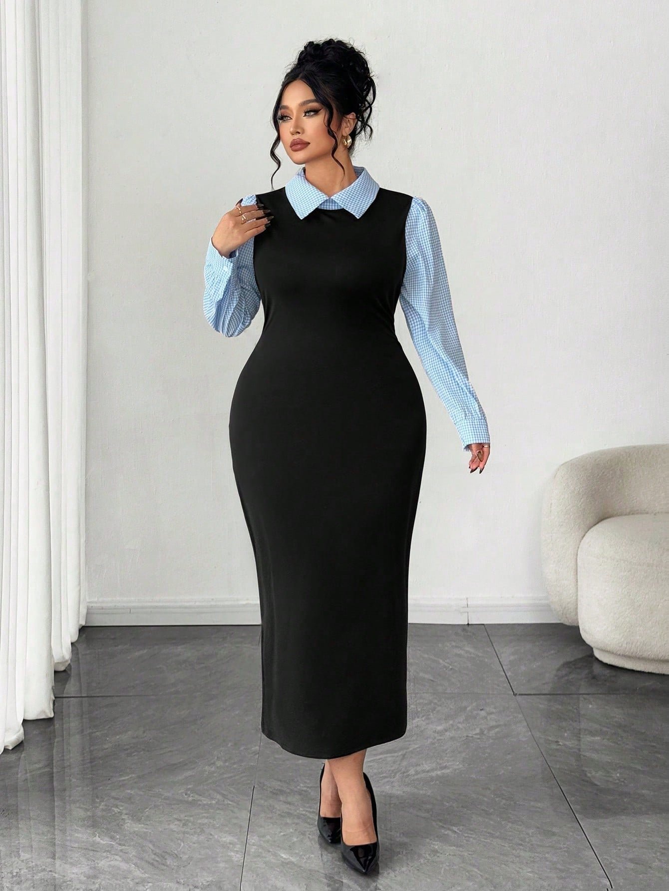 robe moulante élégante et à manches bouffantes avec motif à carreaux, robe moulante élégante et à manches bouffantes avec motif à carreaux,
