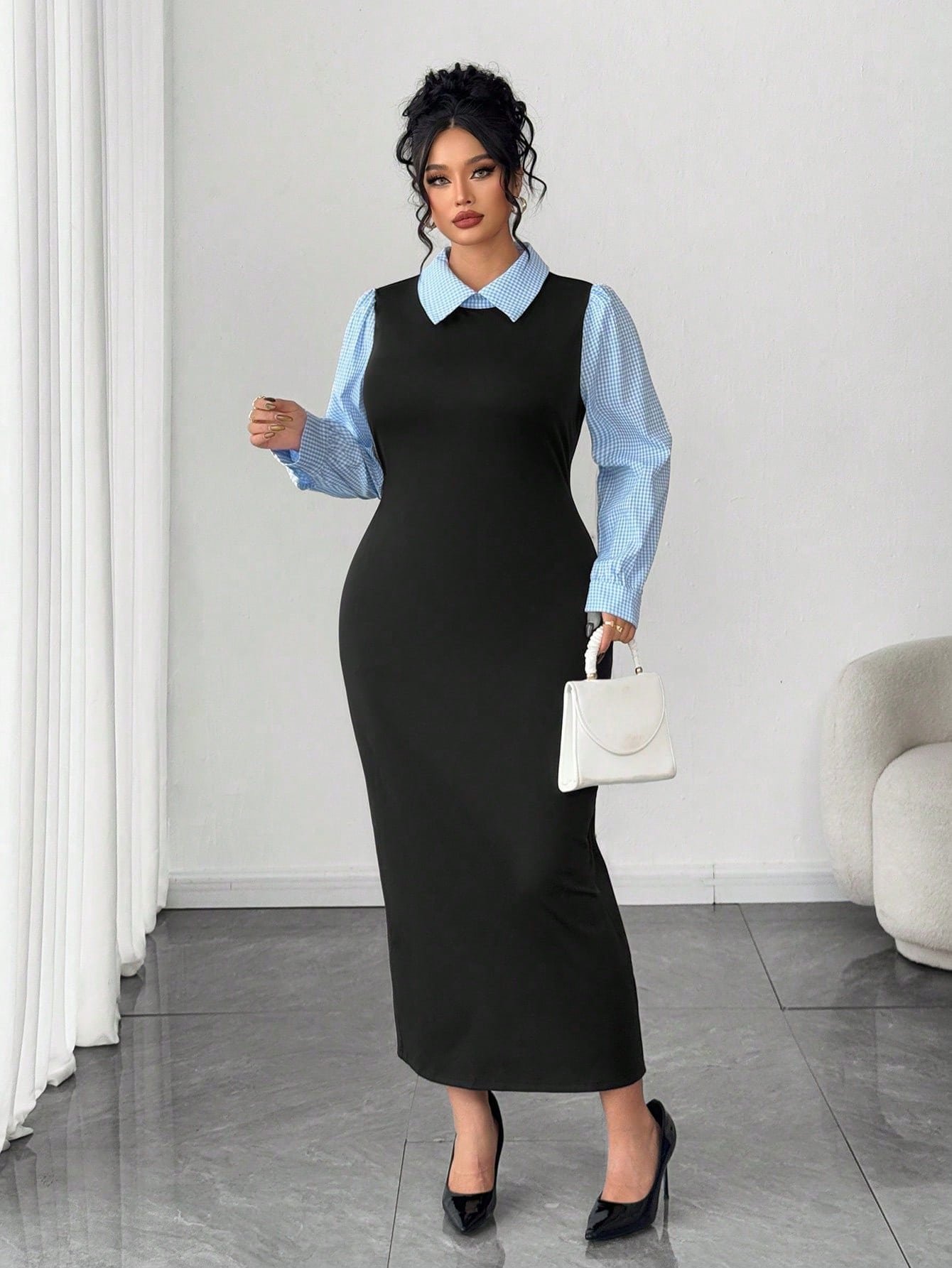 robe moulante élégante et à manches bouffantes avec motif à carreaux, robe moulante élégante et à manches bouffantes avec motif à carreaux,