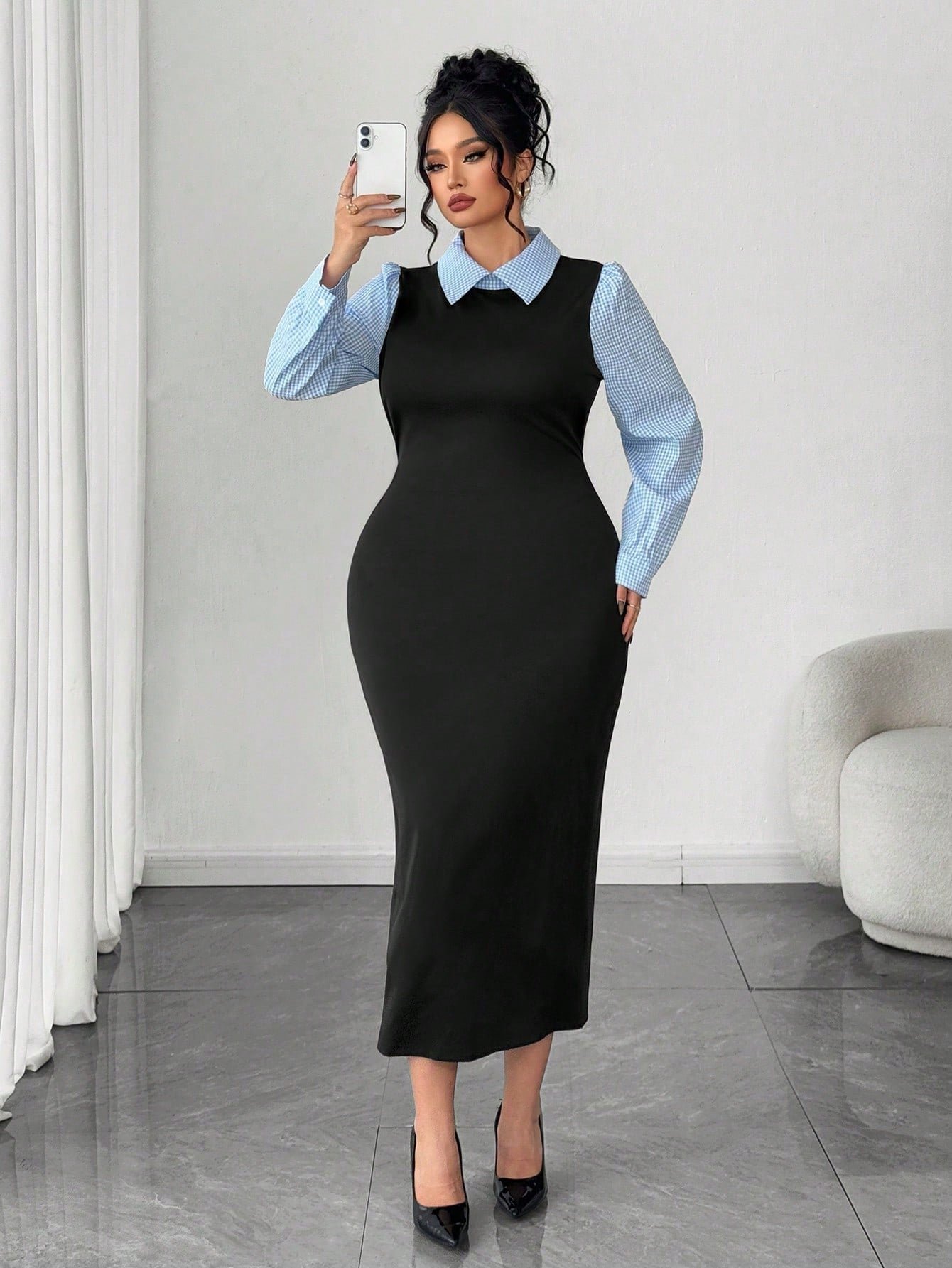 robe moulante élégante et à manches bouffantes avec motif à carreaux, robe moulante élégante et à manches bouffantes avec motif à carreaux,