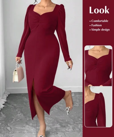 Elenzga Robe élégante à manches bouffantes fendue