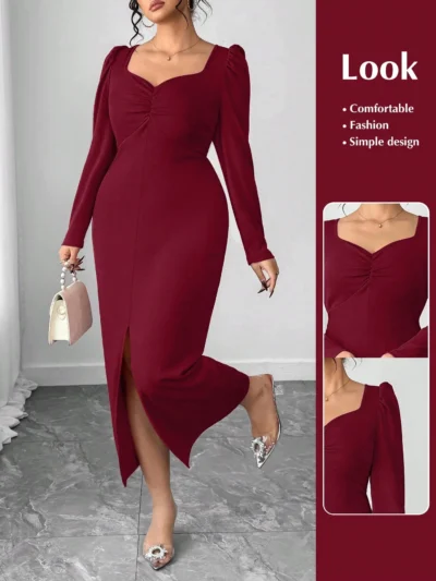 Elenzga Robe élégante à manches bouffantes fendue