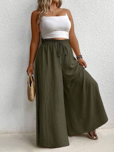 pantalon large décontracté à jambe large et taille haute nouée