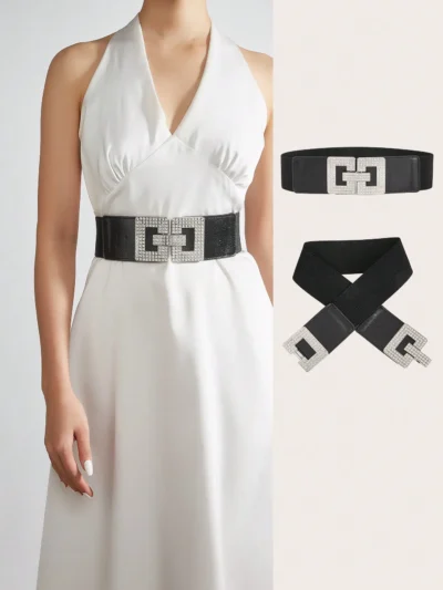 ceinture élastique à boucle carrée avec strass