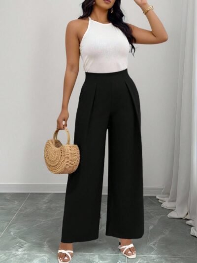 pantalon droit taille haute à plis l