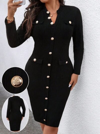 robe mi longue ajustée à col v boutonnée