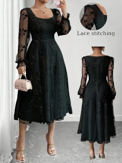 robe élégante avec contraste de maille, col carré et taille cintrée,