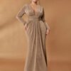 robe de soirée évasée marron à taille haute et encolure v