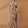 robe de soirée évasée marron à taille haute et encolure v