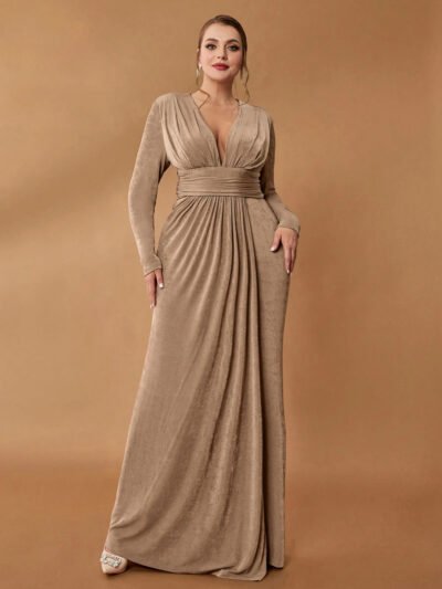 robe de soirée évasée marron à taille haute et encolure v