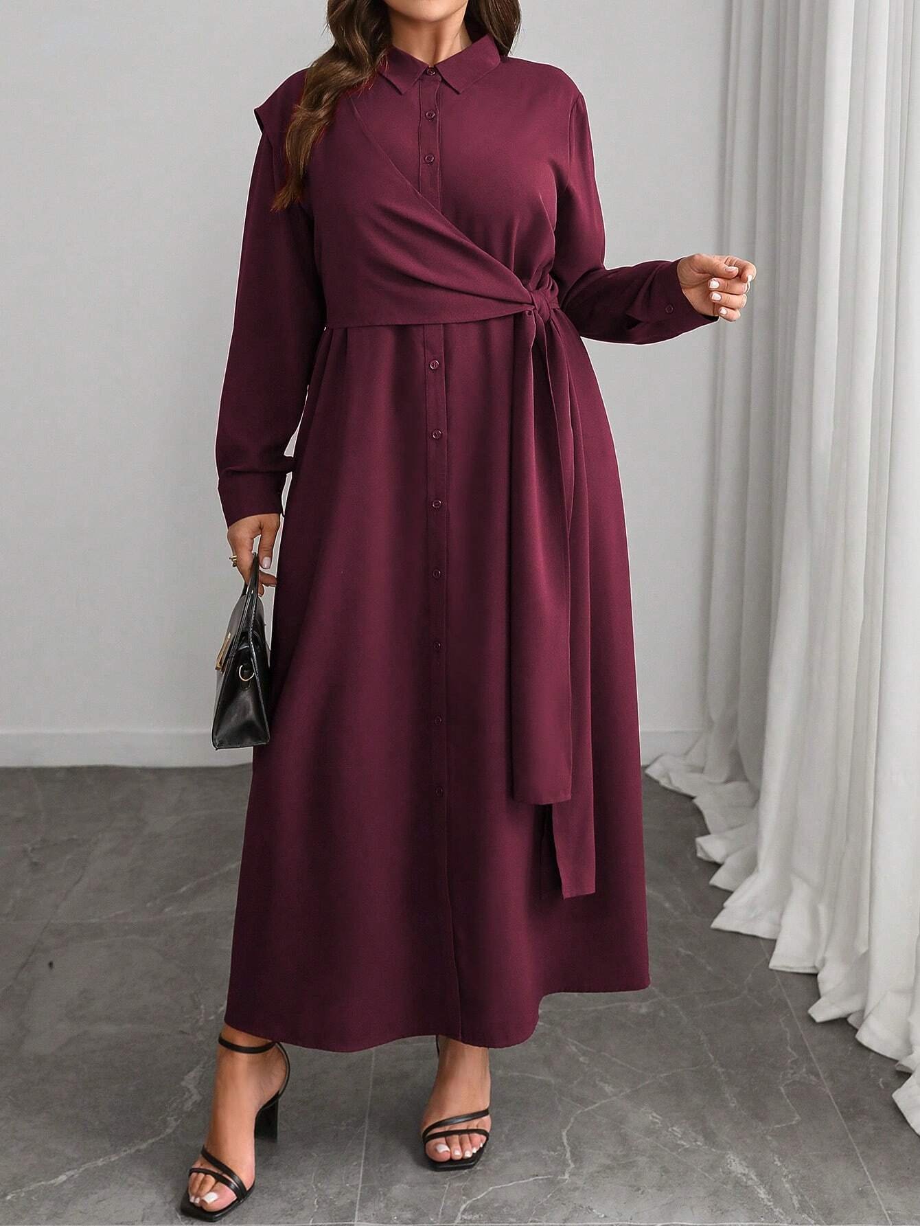 Robe chemise à manches longues avec col montant et ceinture décorative – Image 4
