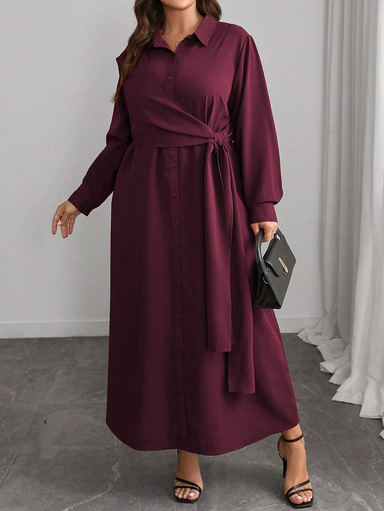 Robe chemise à manches longues avec col montant et ceinture décorative – Image 5