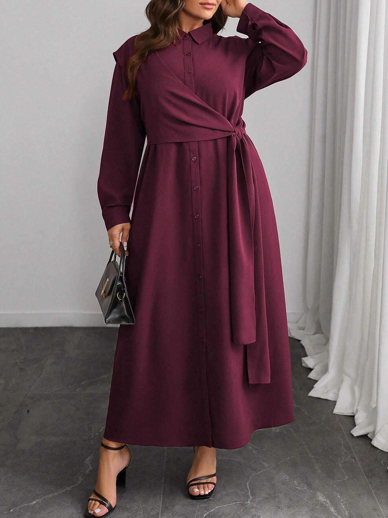 Robe chemise à manches longues avec col montant et ceinture décorative – Image 6