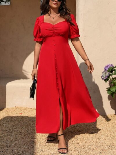 Robe  à manches courtes, élégante, à encolure en cœur