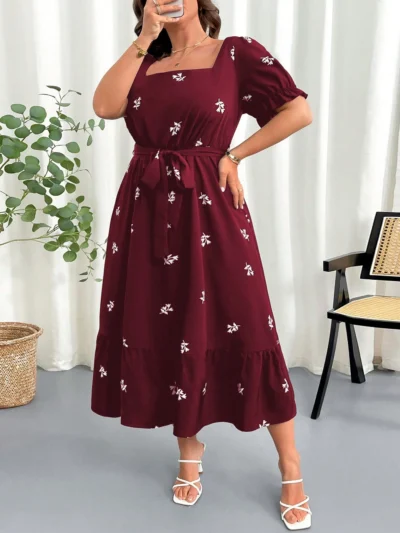 Robe à manches bouffantes, à col carré, avec imprimé floraL