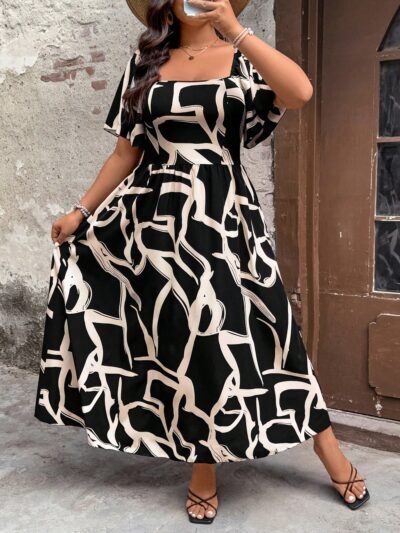 Robe maxi de plage à fleurs , col carré, manches évasées, volants à l'ourlet,