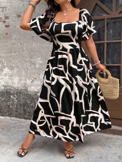 Alternative view of Robe maxi de plage à fleurs , col carré, manches évasées, volants à l'ourlet,