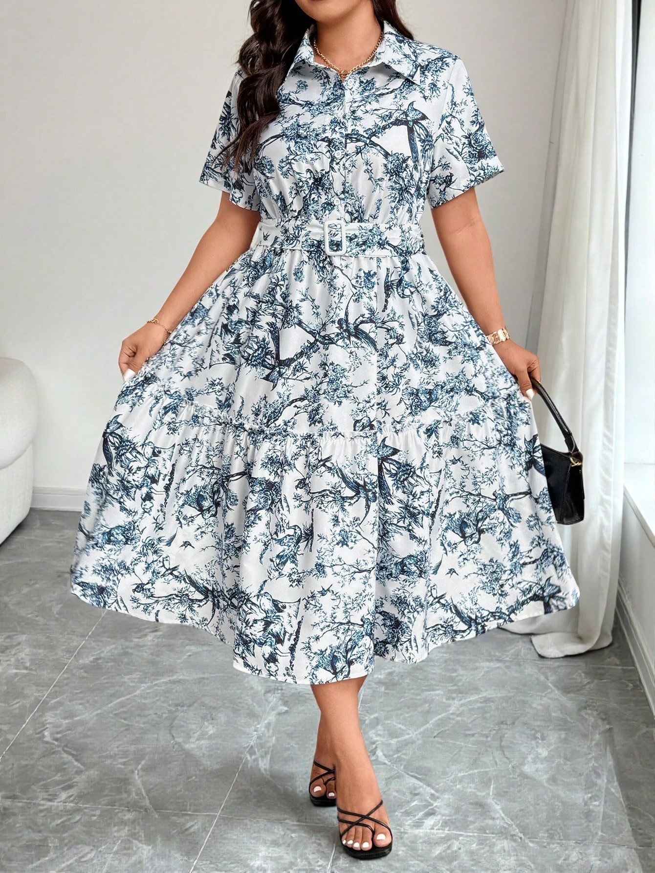 Robe mi-longue d'été pour femmes, à col V, manches courtes – Image 3