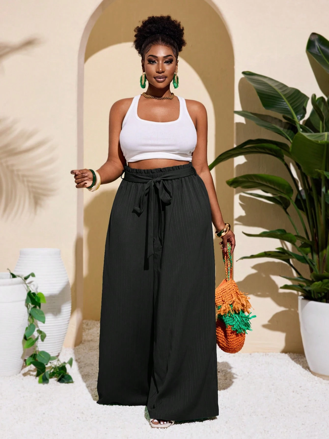 Pantalon droit texturé rayé, décontracté et simple
