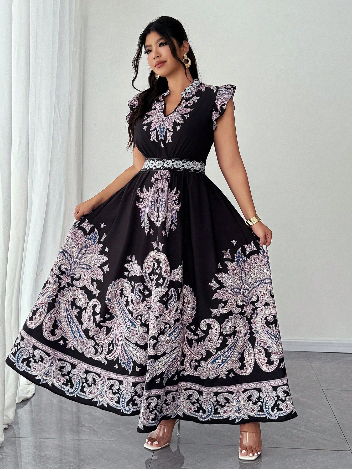 Robe de vacances à encolure en V, manches courtes, imprimé noix de cajou,