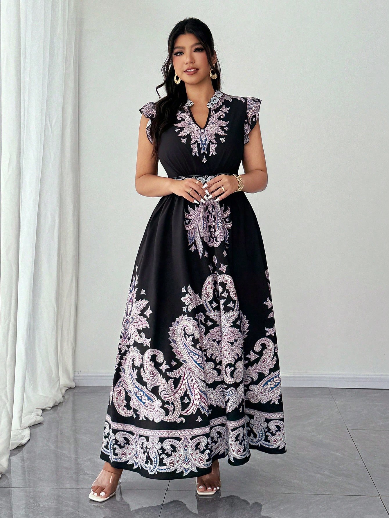 Robe de vacances à encolure en V, manches courtes, imprimé noix de cajou, – Image 2
