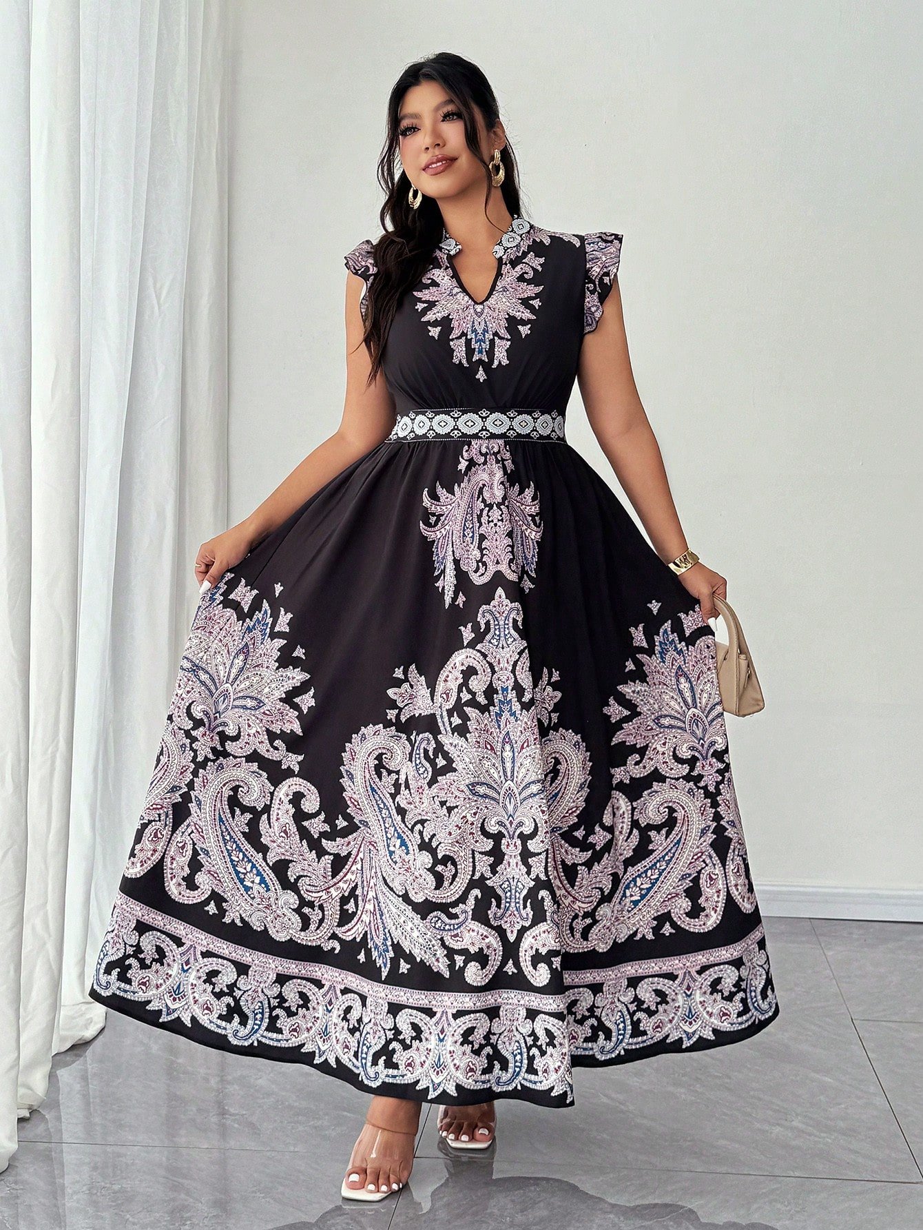Robe de vacances à encolure en V, manches courtes, imprimé noix de cajou, – Image 3