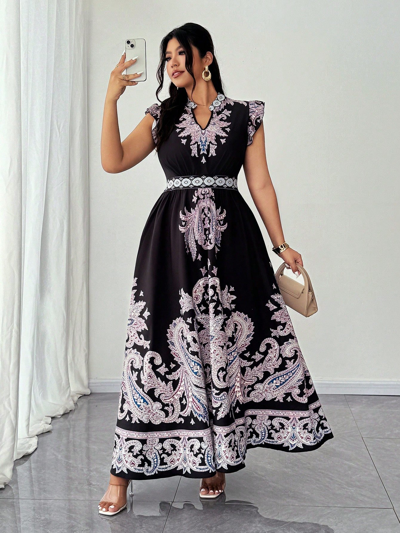 Robe de vacances à encolure en V, manches courtes, imprimé noix de cajou, – Image 6