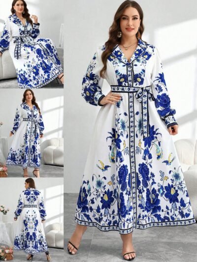 Robe à manches longues avec imprimé de placement col de blazer