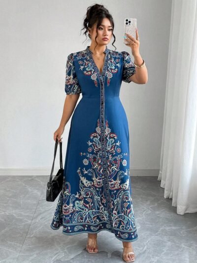 Robe longue décontracté/de villégiature style bohème imprimée à col en V, manches courtes